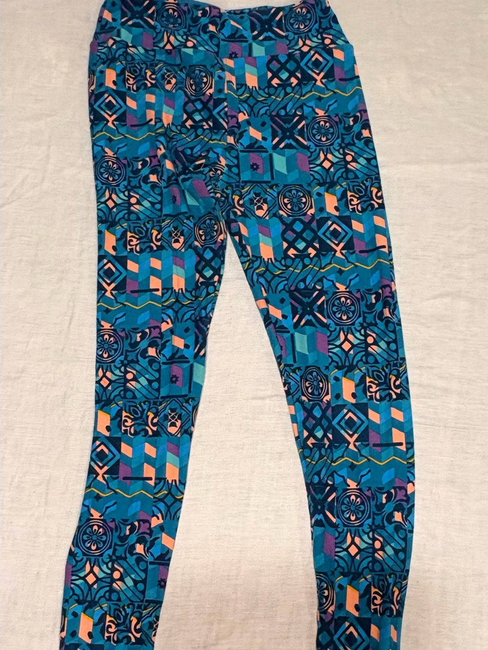 LuLaRoe Teal & Navy Geometric Print Leggings - Picture 1 of 4